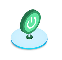 Fototapete - Isometric Green Power Button Icon on Blue Platform, Modern Minimalist Design, Technology Concept