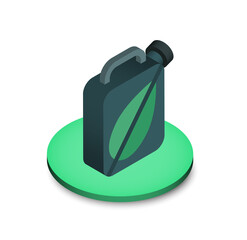 Poster - Isometric illustration of eco-friendly fuel canister with leaf design, modern style, green and dark teal color palette.