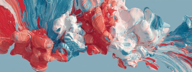 Poster - Bold Expressive Paint Swirls in Sky Blue and Coral Red Hues Creating a Dynamic Textured Background
