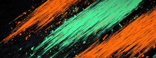 Poster - Vibrant Neon Orange and Green Brush Streaks on a Dark Background in Diagonal Pattern