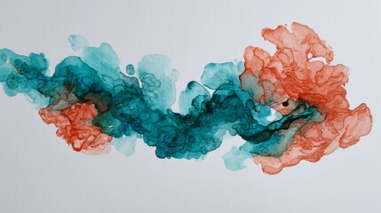 Poster - Abstract Teal and Coral Ink Art in Watercolor Style, Featuring Fluid Movement and Dynamic Color Fusion