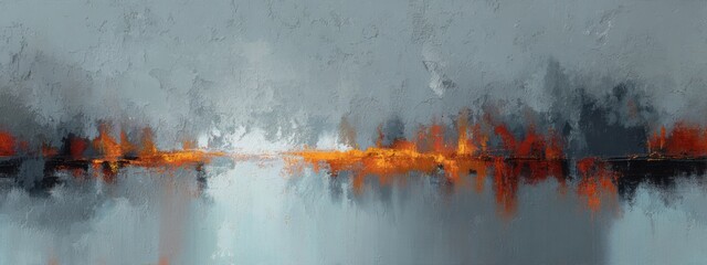 Poster - Moody Abstraction of a Cool Gray and Fiery Amber Landscape with Reflection on Water