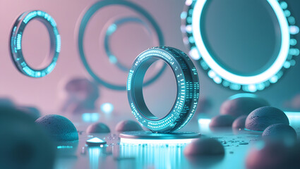 Wall Mural - Futuristic glowing rings and spheres create a digital, abstract composition with soft lighting.