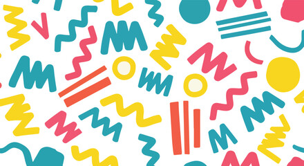 Poster - Colorful abstract geometric shapes and squiggles isolated on transparent background