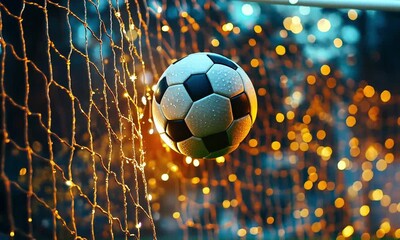 A soccer ball with water droplets hanging in a net surrounded by blurred golden lights at night time