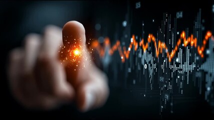 Poster - Finger pointing glowing financial data hologram with orange graph line showing market trends and digital world map sparkles