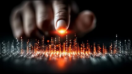 Poster - Finger touching glowing digital data chart with futuristic technology and vibrant light effects dark background for hand