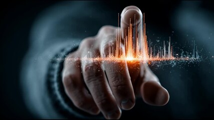 Poster - Hand interacting with glowing digital data chart featuring futuristic technology, dynamic light particles, and holographic