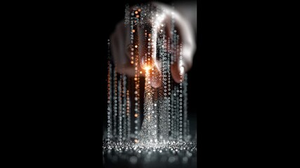 Poster - Futuristic glowing digital data and binary code with hand interaction creating dynamic technology concept and bright light effect