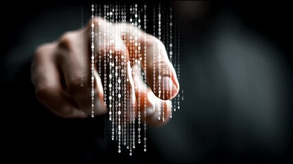 Poster - Hand interacting with digital binary code data hologram, futuristic technology concept with glowing code and dark background