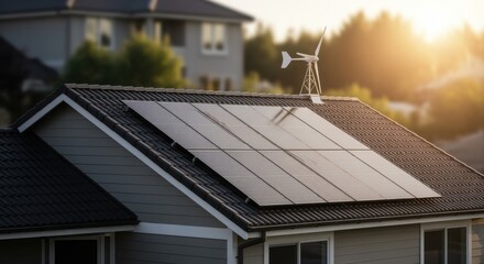 Poster - Clean energy system on sloped roof of suburban home closeup.