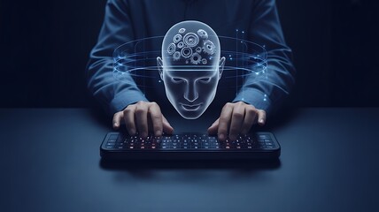 artificial intelligence concept with digital head and gears overlay on keyboard