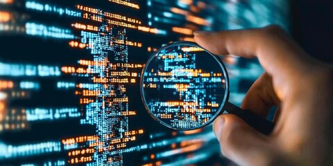 Examining software code with a magnifying glass for quality assurance.