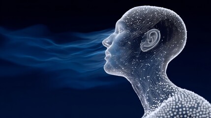 Poster - Man's head is blowing smoke out of his mouth. The image is a representation of a futuristic, artificial being. The smoke and the man's expression convey a sense of unease and discomfort