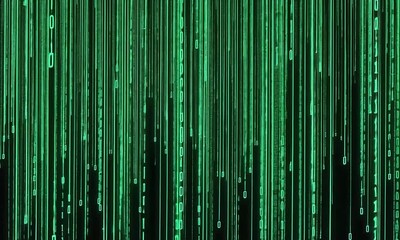 Poster - A digital rain of green binary code falling down on a black background with glowing neon effect