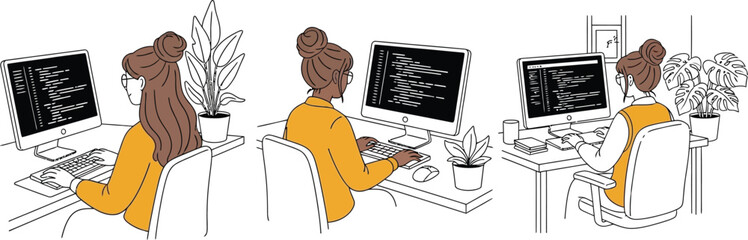 Three women coding at desks with computers and plants in a white line drawing illustration style