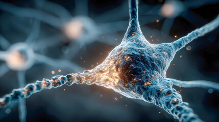 Fototapete - Close-up of neural connections glowing with electrical impulses in a brain network, visualized in high detail