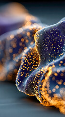 Poster - Flowing digital fabric with glowing particles in orange and violet hues, creating an ethereal wave-like abstract background