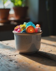 Aufkleber - Colorful geometric shapes in a ceramic bowl on a wooden table