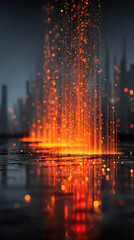 Poster - Vertical streams of glowing orange and red particles reflect on a glossy surface, creating a fiery light effect against a dark, blurred cityscape