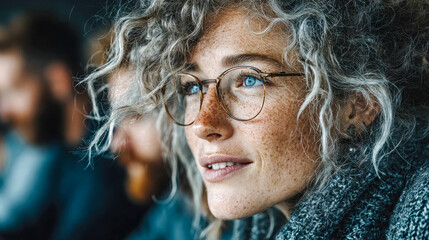 Poster - portrait of a thoughtful young woman with curly hair, freckles, and round glasses, gazing ahead with