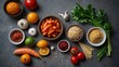 © Ansa - Colorful Asian ingredients beautifully arranged on a rustic stone surface.