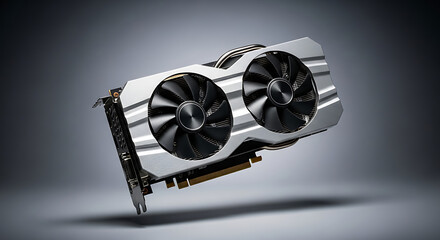 Fototapete - A silver computer graphics card with two fans is displayed against a grey gradient background.
