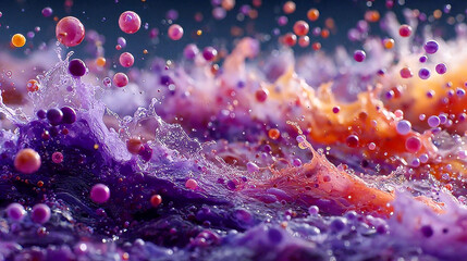 Poster - Colorful glowing spheres float and splash in a vibrant purple liquid, resembling a surreal abstract mix of bubbles and bioluminescent orbs