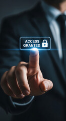Poster - Finger Pressing Access Granted Button Blue Light Lock Icon