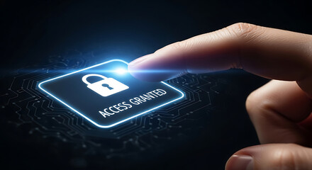 Poster - Finger Pressing Access Granted Button Blue Glow Padlock