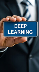 Poster - Hand Holding Deep Learning Sign Blue Background image