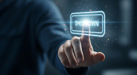 Poster - Hand Pressing Blue Shutdown Button Digital Interface