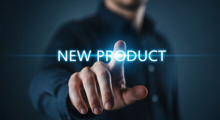 Poster - Hand Touching New Product Text Blue Light image