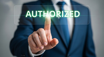 Poster - Man in Blue Suit Pressing Authorized Button finger