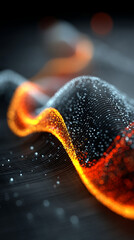 Poster - Glowing orange wave with digital dots and lines on dark background, dynamic energy flow with futuristic technology feel