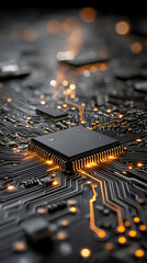 Poster - Microchip on circuit board with glowing orange connections and bokeh lights creating futuristic tech atmosphere