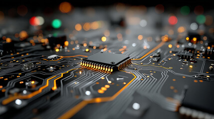 Poster - Microchip on black circuit board with glowing orange lines and electronic components creating futuristic technology feel