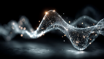 Poster - Digital data stream forming glowing wave with sparkling particles dark space, creating futuristic and dynamic technology