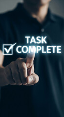 Poster - Man Touching Task Complete Checkmark Glow hand finger