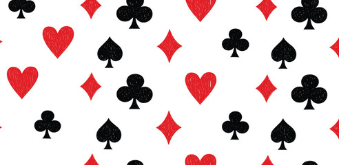Crayon drawn poker card suits seamless banner design with red and black hearts, clubs, spades and diamonds.