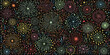 © hamid - Funky crayon drawn confetti and fireworks on dark background. Childish doodle fireworks icon collection.