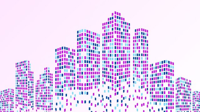 Abstract illustration of a cityscape, depicted in a stylized, pixelated manner with a gradient background. The buildings are composed of colored squares, creating a modern and artistic representation