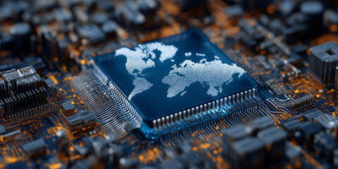 Poster - Microchip with world map design symbolizes global connectivity and technological advancement. intricate circuitry highlights complexity and importance of semiconductors in modern technology