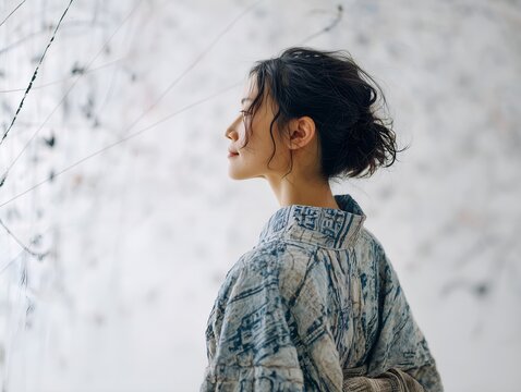 A young woman of Japanese descent stands thoughtfully, dressed in a traditional kimono. Her serene expression suggests a deep connection to her cultural roots in a contemporary setting