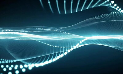 Poster - Abstract blue light strings and glowing dots flowing in a wave pattern on a dark background