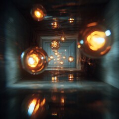 Leinwandbilder - Abstract Glowing Light Bulbs in a Dimly Lit Tunnel Creating a Mystical Effect