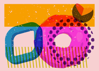 Poster - Risograph Doughnut with geometric shapes. Objects in trendy riso graph print texture style design with geometry elements.