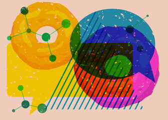 Poster - Risograph Doughnut with geometric shapes. Objects in trendy riso graph print texture style design with geometry elements.