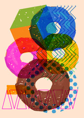 Poster - Risograph Doughnut with geometric shapes. Objects in trendy riso graph print texture style design with geometry elements.