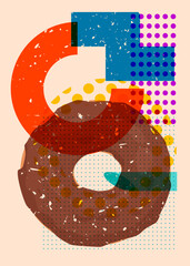 Poster - Risograph Doughnut with geometric shapes. Objects in trendy riso graph print texture style design with geometry elements.